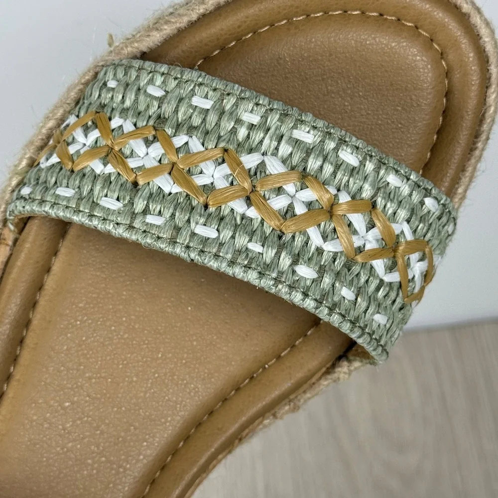 Earth ETCOLLINS Womens 8.5M Tan Leather Woven Espadrille Platform Wedge Sandals